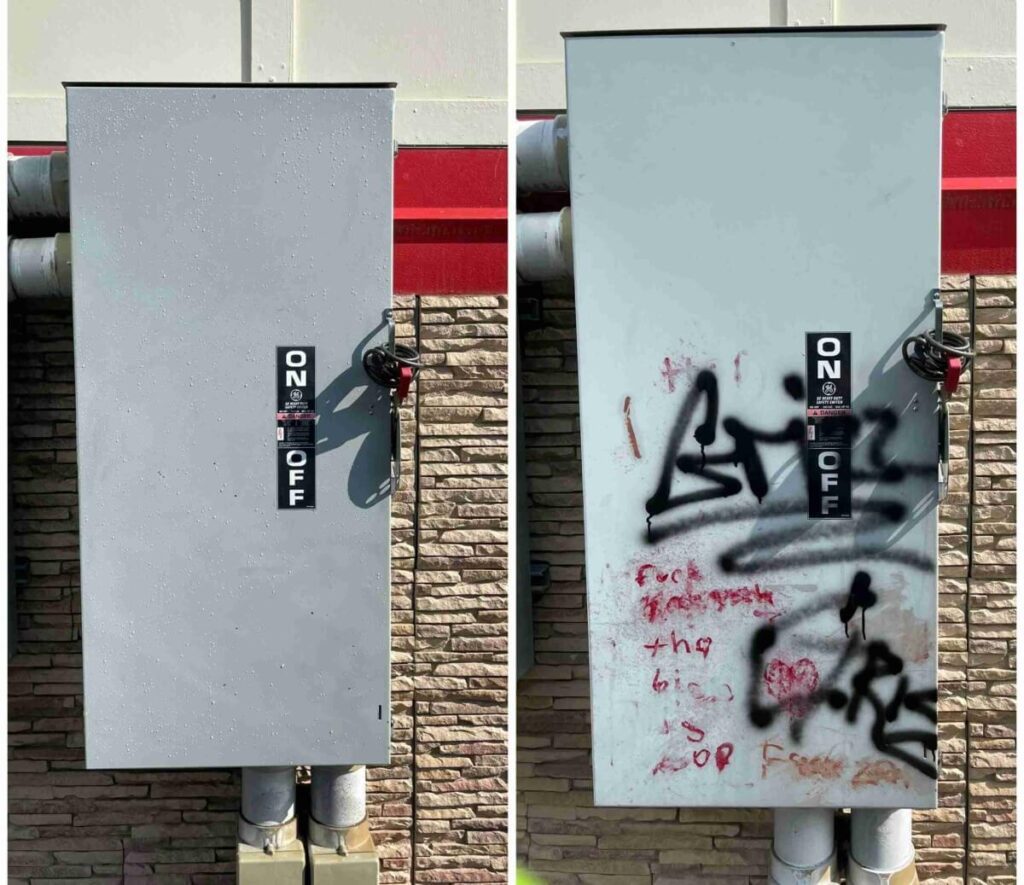 An apartment building’s fuse box before and after graffiti removal.