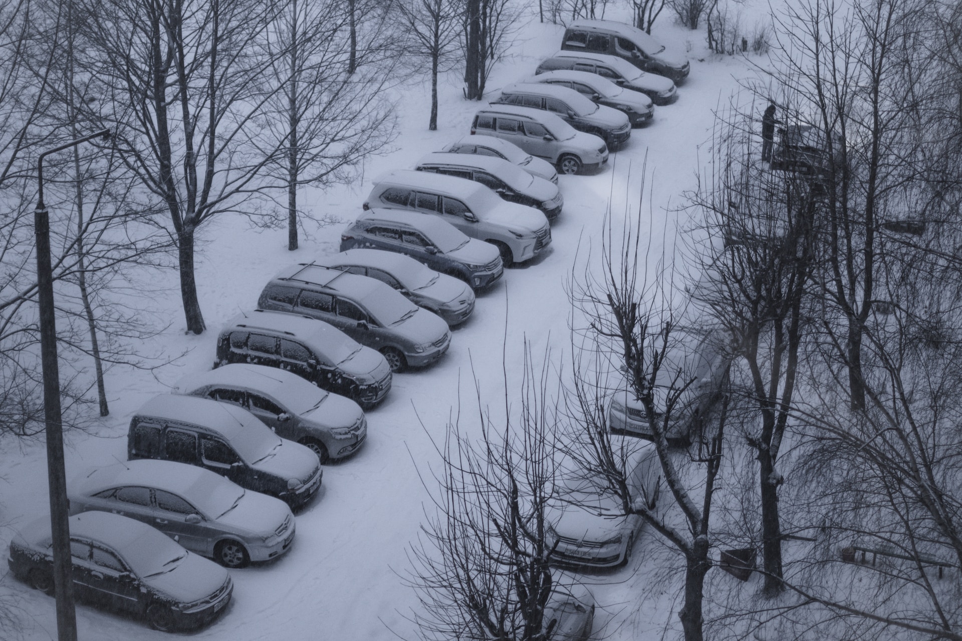 A snowy parking lot.